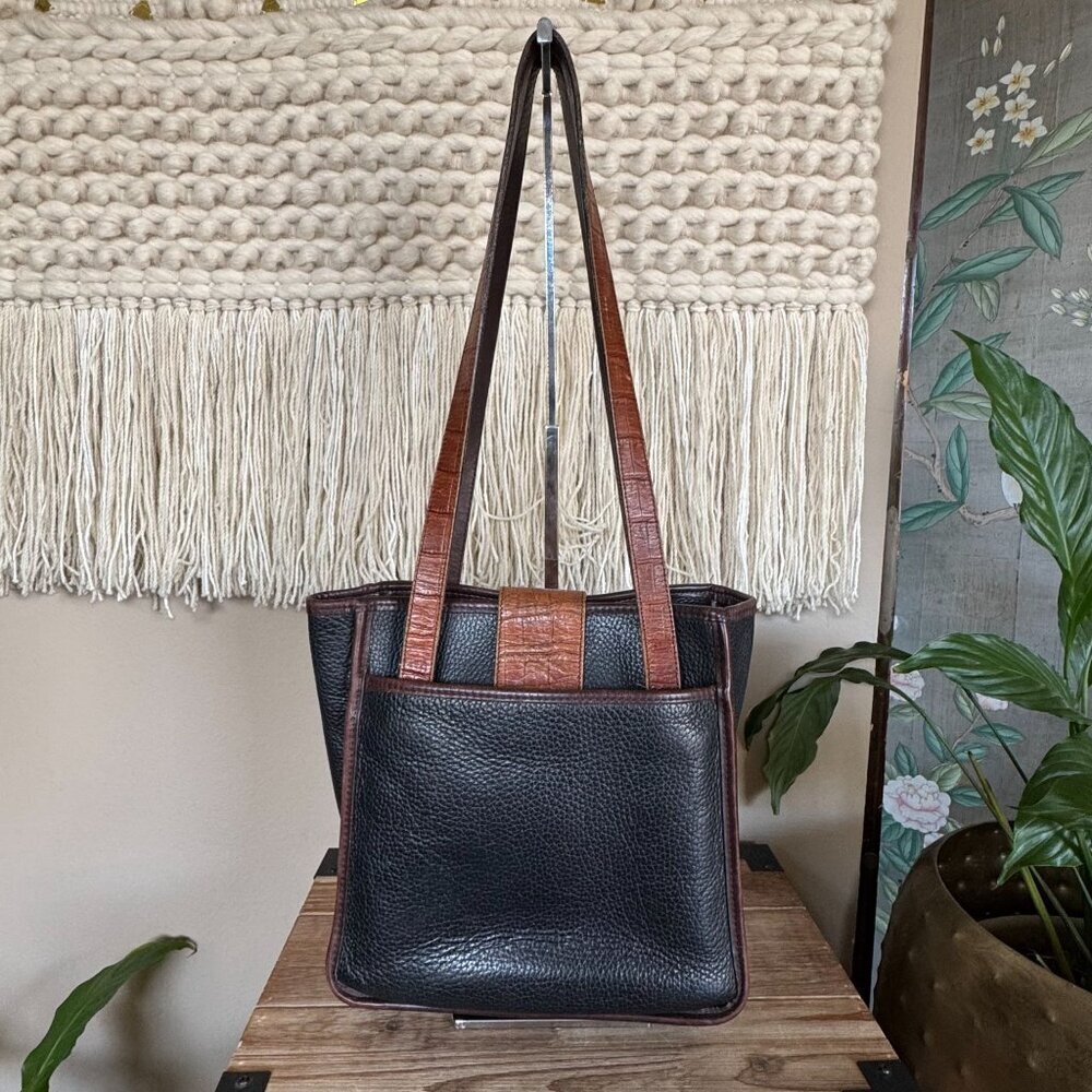 Vintage Brighton Black Brown Croc Embossed Structured Double Strap Shoulder Bag - Picture 7 of 16